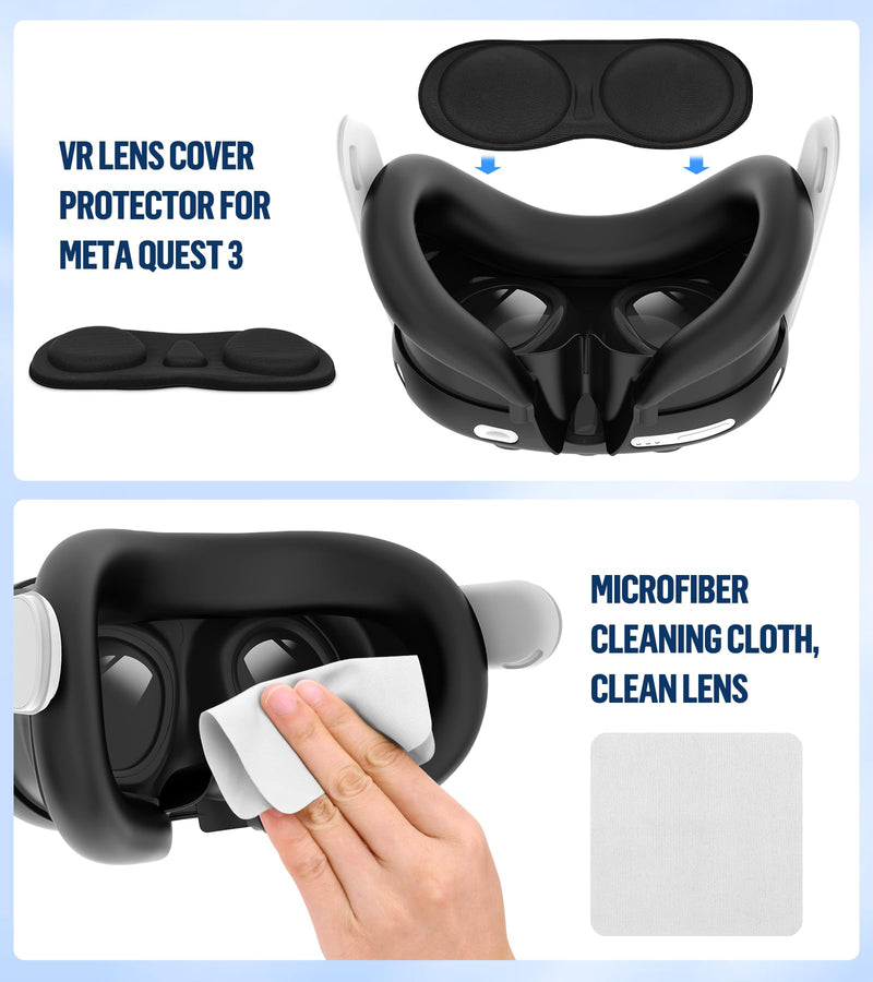 [AUSTRALIA] - Silicone Cover Set Compatible with Oculus/Meta Quest 3 Accessories, Touch Controller Grips Cover, VR Shell Cover, Facial Interface Cover, Protective Lens Cover, Tempered Glass Lens Caps (Black) Black 