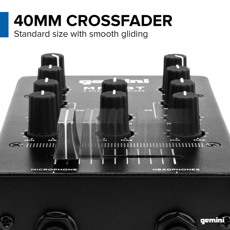 Gemini Portable Bluetooth DJ Mixer – 2-Channel Mini Audio Mixer with Wireless Input, RCA, Mic & Headphone Jacks, EQ & Crossfader – Compact DJ Mixer Board for Beginners & Mobile DJs (MM1BT) MM1BT