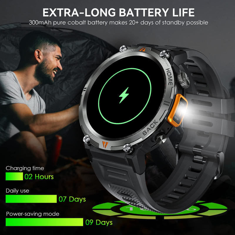 Military Smart Watch for Men with LED Flashlight 1.45" HD Bluetooth Calling | Rugged Tactical Smartwatch, Outdoor Sports Fitness Tracker Watch with Heart Rate Sleep Monitor for iPhone Android Phone Black + Extra Stainless Steel Band