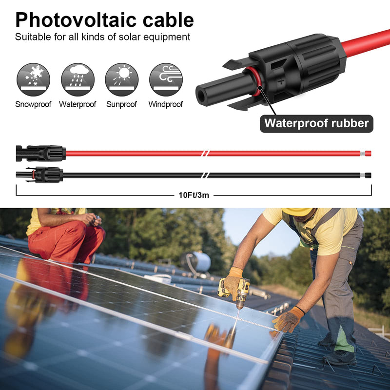 iGreely Solar Panel Extension Cable - 10 Feet 10AWG(6mm²) Solar Extension Cable with Female and Male Connector Solar Panel Wiring Wire Adapter (10FT Red + 10FT Black) 10Ft 10AWG
