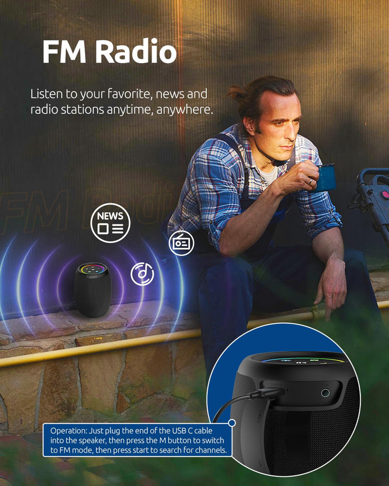 Bluetooth Speaker, Powerful Stereo Sound Portable Wireless Speaker with FM Radio,IPX5 Waterproof, USB C Rechargeable, Dual Pairing, for Outdoor Camping Hiking Party Beach Cool Electronics Gadgets Gift