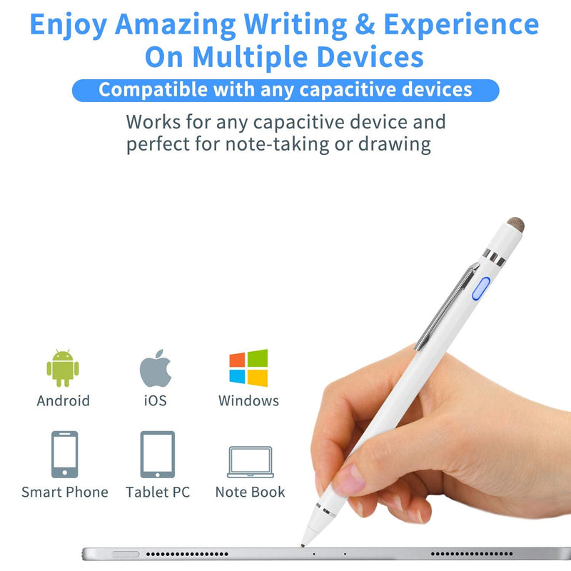 2-in-1 Active Stylus Digital Pen with 1.5mm Ultra Fine Tip for iPad iPhone Samsung Tablets, Work on Touchscreen Phones and Tablets,Good at Drawing and Writing, White