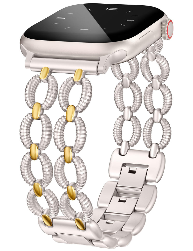 Minyee 2 Packs Band Compatible with Apple Watch Band Women 42/46/38/40/41/44/45/49mm, Premium Soft Leather Strap with Bling Dainty Flower Charm & Double Chain Twisted Designer Fancy link Bracelet