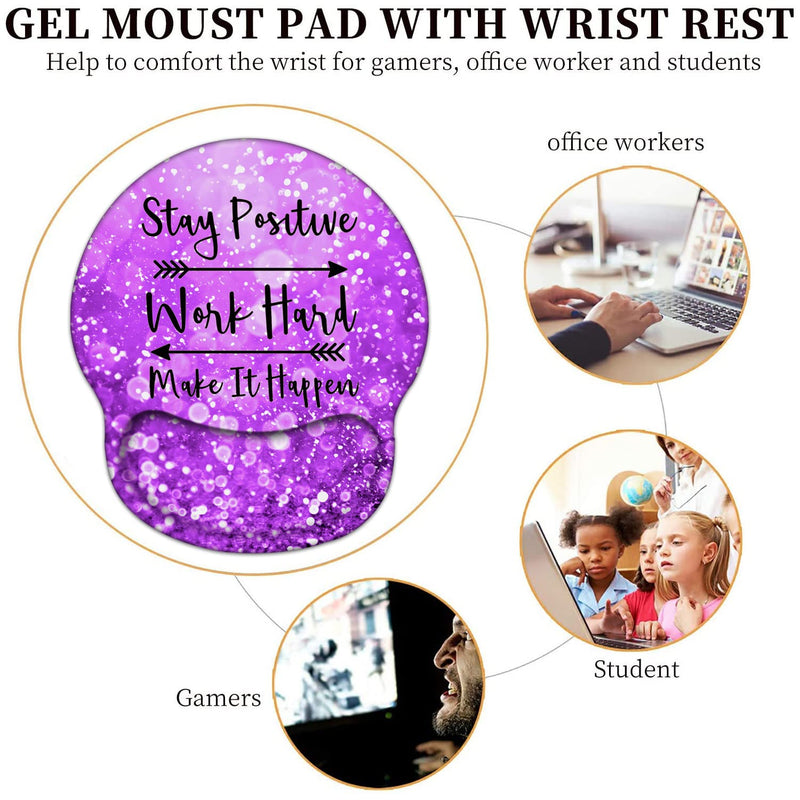 Mouse Pad with Wrist Support Gel Ergonomic Mouse Pads with Rest Support Mouse Pad for Home Office Working Pain Relief + Coaster, Stay Positive Work Hard and Make It Happen Purple Glitter Yu-mouse Pad-2-h24