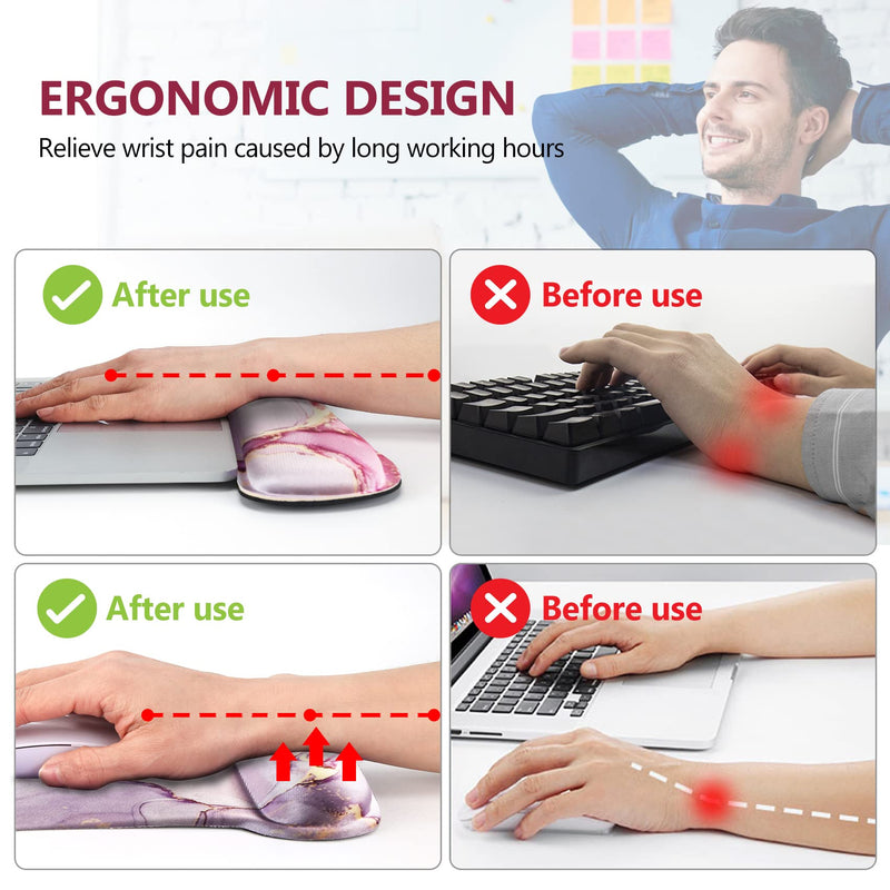 AIMSA Ergonomic Keyboard Wrist Rest and Mouse Pad with Wrist Support Set, Memory Foam Non-Slip Rubber Base, for Home, Office, Easy Typing, Pain Relief, Pink Purple Marble