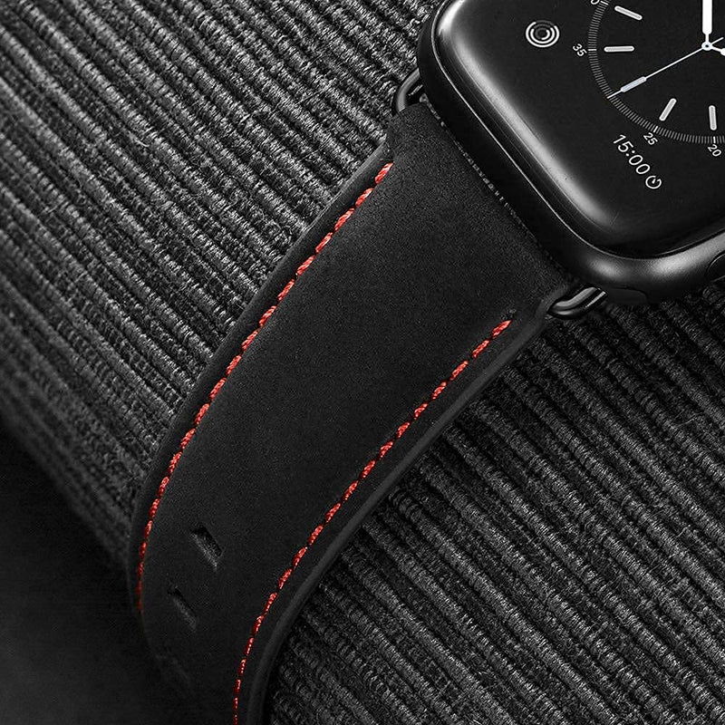 Leather Band Compatible with Apple Watch 44mm 42mm Mens Women Vintage Leather Strap XL Dressy Black Buckle Bands with Black Adapters for iWatch Series 6 5 4 3 2 1 SE, 2 PACK