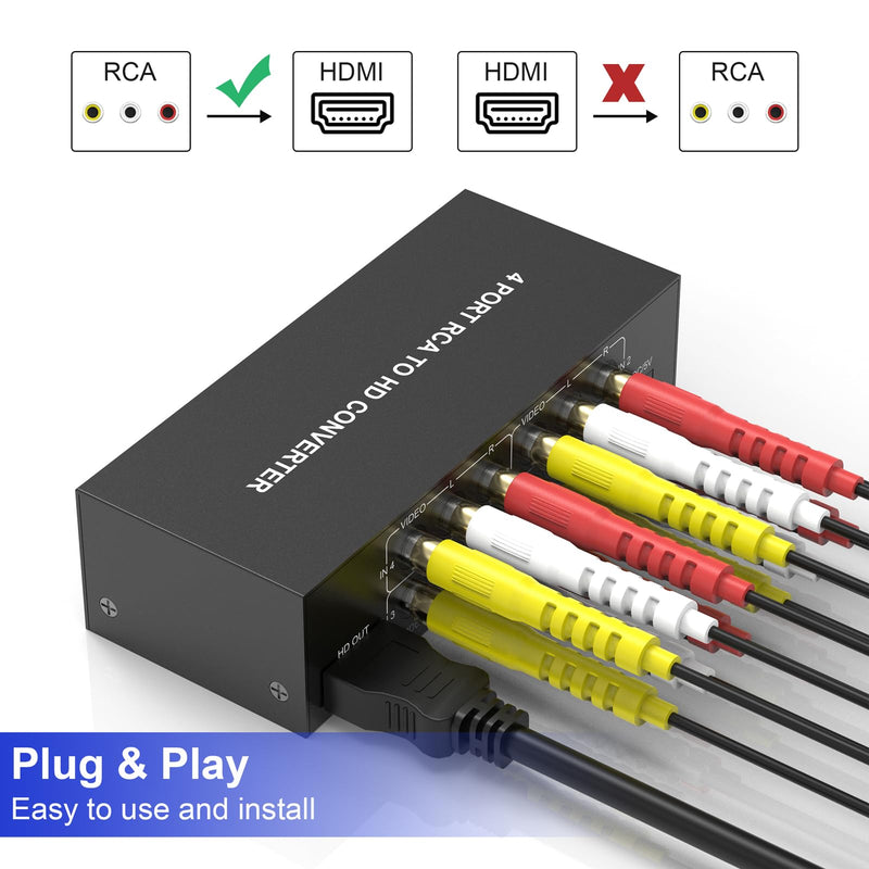 4 Port RCA to HDMI Converter AV to HDMI Adapter - 1080P/720P Red White Yellow Composite Component to HDMI Converter for TV/AUX/N64/PS2/PS3/VHS/VCR/DVD Players, Support 4:3/16:9 RCA Switch(With Remote)