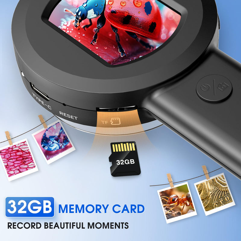 [AUSTRALIA] - Pocket Digital Microscope for Adults Kids: 100X Handheld Magnifying Glass with Light, USB Coin Magnifier for Collector, Portable Jewelers Loupe with 2" Screen, Mini Scope for Trichome Black 