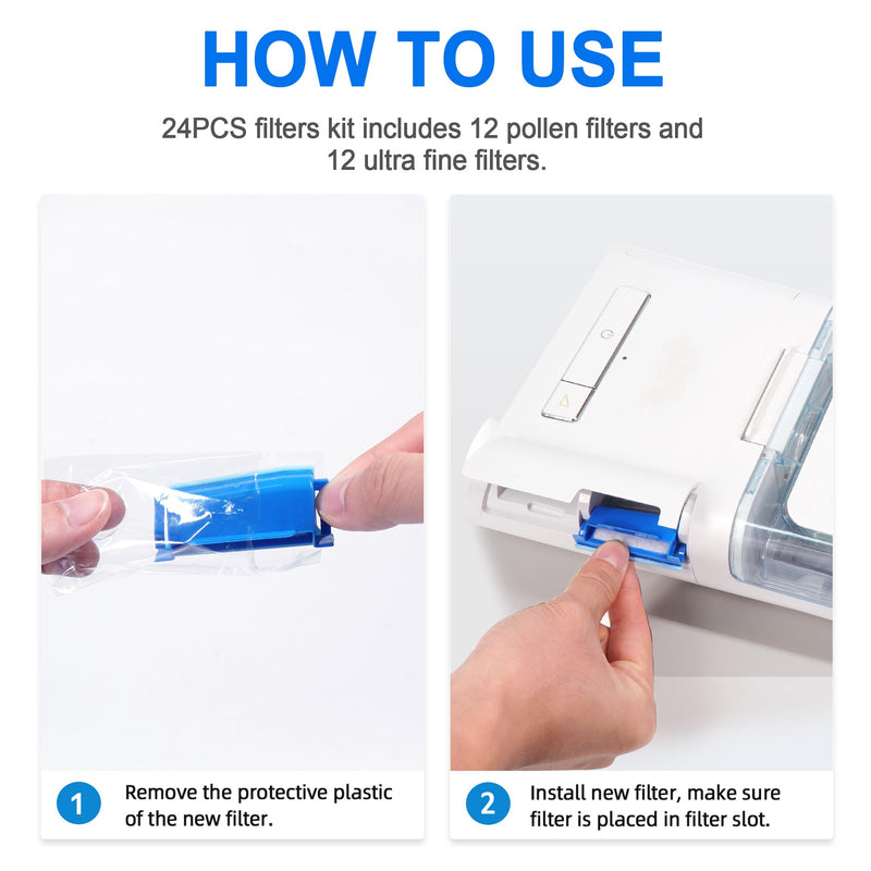 24 pieces filters compatible with Dream Station 1, contains 12 pre-assembled pollen filters and 12 ultra-fine filters, replacement CPAP filters provided by BlessEase