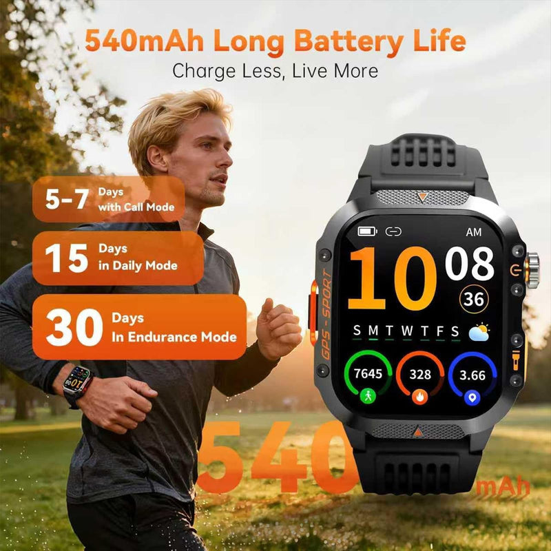 Military Fitness Tracker Smart Watch for Men, Square Black, 1.7" HD | Multiple Sports Modes, 600mAh Battery, IP68 Waterproof, SpO2 Monitor, Flashlight