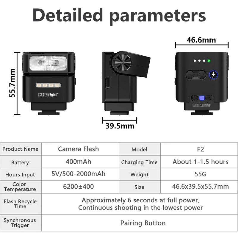 MEDALight F2 Mini Camera Flash 2.4GHz Wireless Off-Camera Flash for Canon/Sony ZV1/Fuji/Nikon/Ricoh Gr3/Digital Camera/Hot Shoe Flash for DSLR Camera/Magnetic Base & 10m Remote Control(Black).