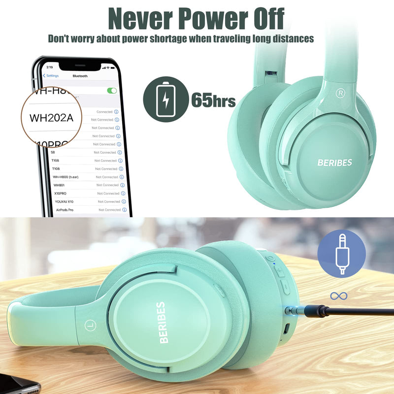 Bluetooth Wireless Headphones Over Ear,BERIBES 65H Playtime and 6 EQ Music Modes with Microphone,HiFi Stereo Foldable Lightweight Headset, Deep Bass for Home Office Cellphone PC Etc.(Green) Green