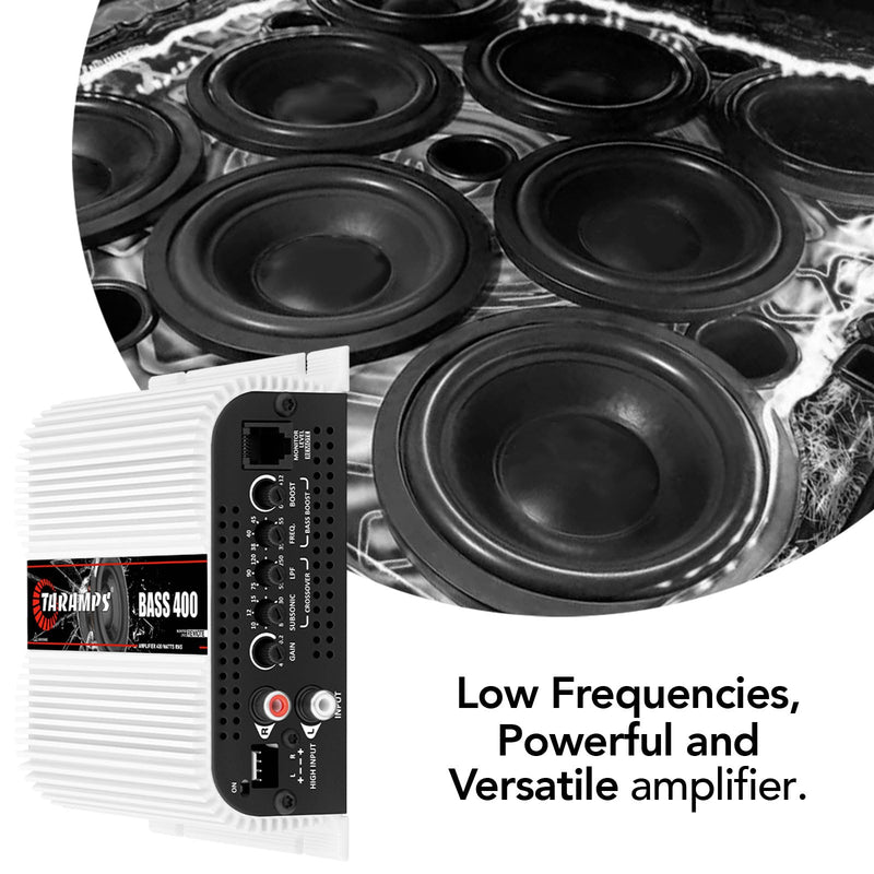 Taramps Bass 400 2 Ohms Monoblock Amplifier 400 Watts Rms 1 Channel 14.4VDC Out Power Full Range, Great for Sub/Bass - Rca/High Level Input, Car Audio