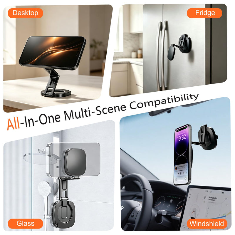 3-in-1 Magnetic Suction Cup Phone Mount, Tri-Axis 360° Adjustable | 12LBS Ultra-Strong Suction Phone Holder, Foldable Pocket-Size Stand for Gym Equipment, Shower Glass, Fridge, Car Windshield