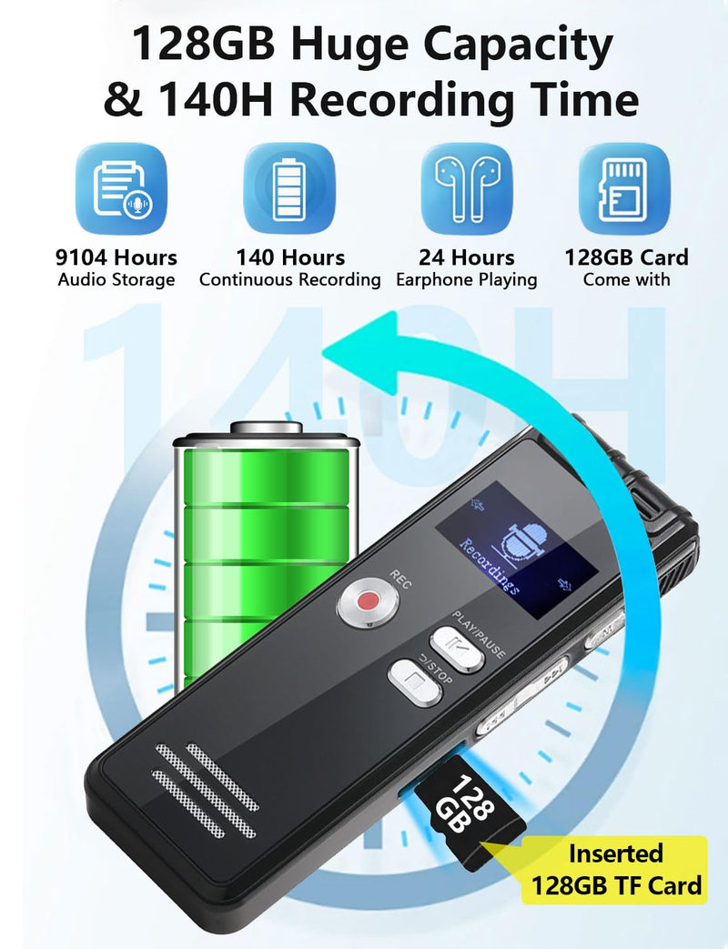 128GB Digital Voice Activated Recorder with Playback - 9104 Hours Audio Recorder, 3072 Kbps HD Recording and Noise-Canceling Voice-Activated Recording, Audio Recording Device for Lectures/Meeting 128GB