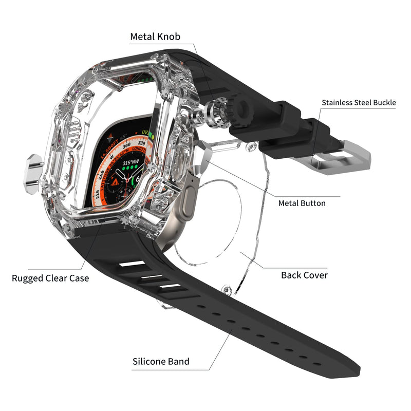 Transparent Designer Case with Band for Apple Watch Ultra 49mm Titanium, Luxury Crystal Clear Rugged Military Protective Hard Cover Bumper, Heavy Duty Tactical Protection for Men iWatch 49 mm