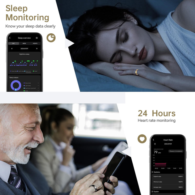 Smart Ring for Women & Men, Fitness Tracker with Heart Rate, Blood Oxygen, Sleep Monitoring, Long-Lasting Battery, No Subscription, IP68 Waterproof (Rose Gold, 7#)
