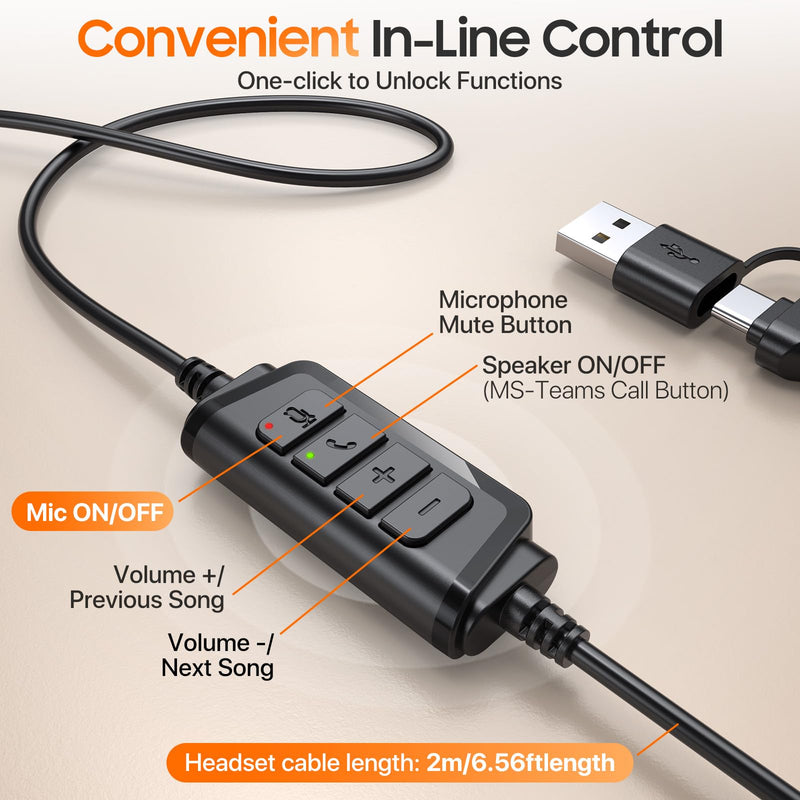 [AUSTRALIA] - USB Headset with Microphone for PC，Wired Computer Laptop Headset with Noise Cancelling Microphone, Work Headphones with Mic for Home Office Teams Zoom (USB-A&C)-Black Black 