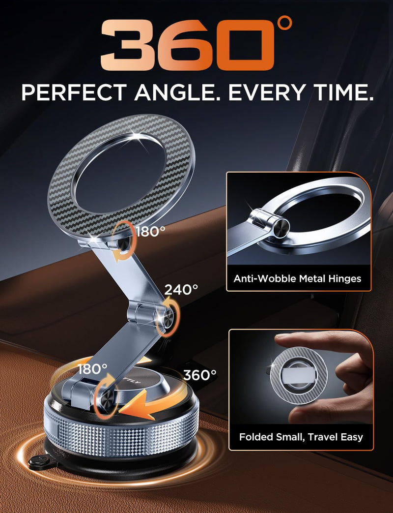 MSXTTLY Magnetic Car Phone Holder 360° Tesla Phone Mount for Magsafe | Foldable Hidden Longer Arms & Metal Build, Vacuum Suction,Washable Nano Gel Base,Strongest Magnet, Fits Tesla & Most Vehicles Space Gray