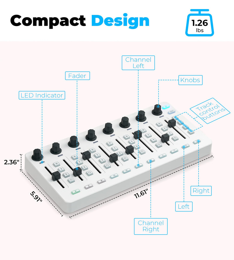 Vangoa Wireless Midi Controller Mixer Mute, Portable USB Midi Keyboard controlador Mixing Console 43 Backlit Button, 8 Channel Faders with LED indicator, 8 Assignable Endless Knobs for Daw, Mac, PC White Midi Mixer