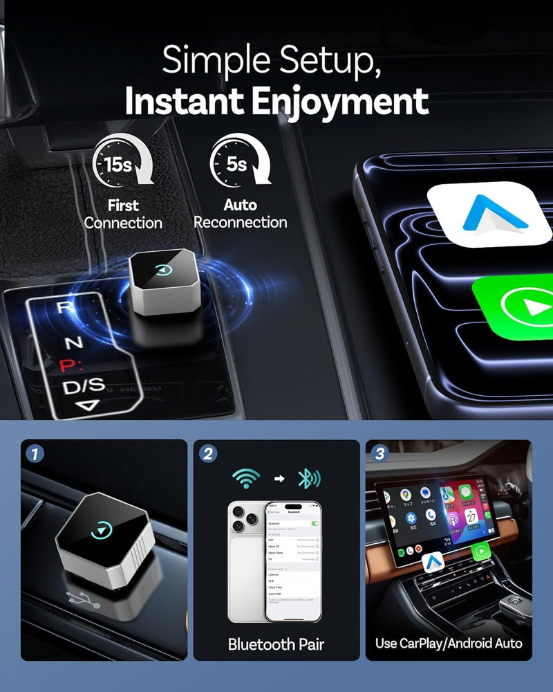 Wireless CarPlay Adapter for Apple iPhone & Android Auto, 2026 Upgraded 2-in-1 Plug and Play Converts Wired to Wireless Car Play Adapter, Fast Auto-Connect, Mini Size with iPhone iOS 10+ Soft silver