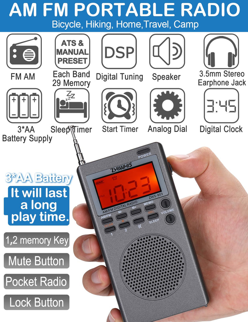 ZHIWHIS Portable Radio, AM FM Stereo Receiver, DSP Small Pocket Radios Operated by AA Batteries, Digital Clock/Presets/Start Timer/Sleep Timer for Walking/Running ZWS-903