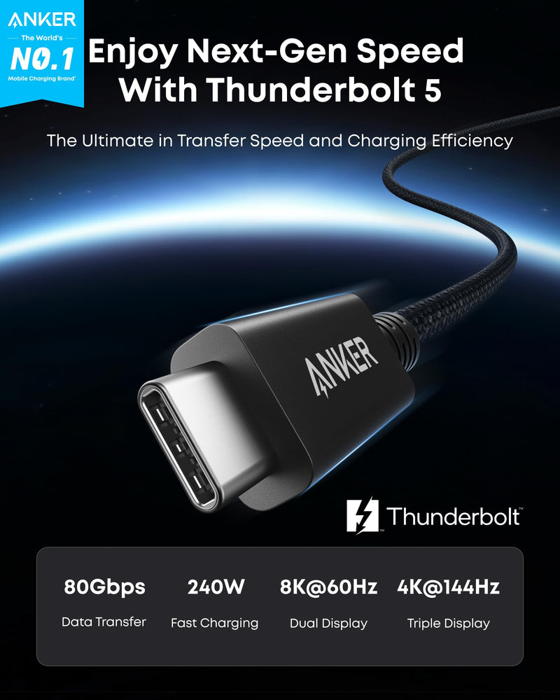 Anker Prime Thunderbolt 5 Cable, 3.3ft USB-C to USB-C Cable, 240W Charging | 80Gbps Data Transfer, Up to 120Gbps Bandwidth, 8K/4K Displays, for iPhone 16, MacBook and More (Thunderbolt 5-Certified)