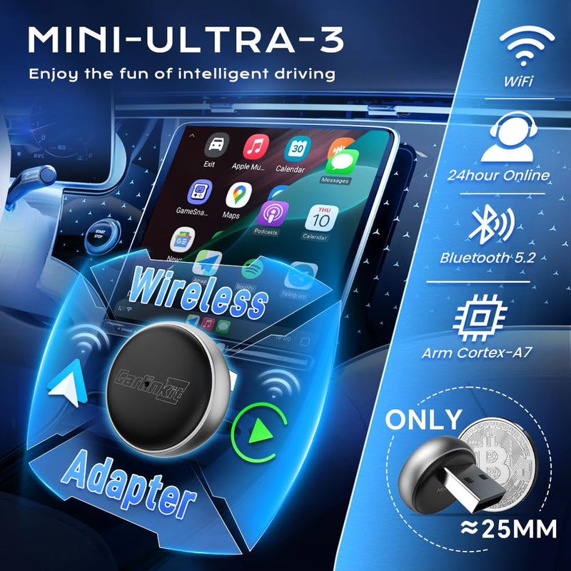 Carlinkit MINI Ultra 3 Wireless CarPlay & Android Auto Adapter 2-in-1 | Plug & Play Convert Wired CarPlay/Android Auto to Wireless│for OEM Wired Cars & for iPhone and Android phone