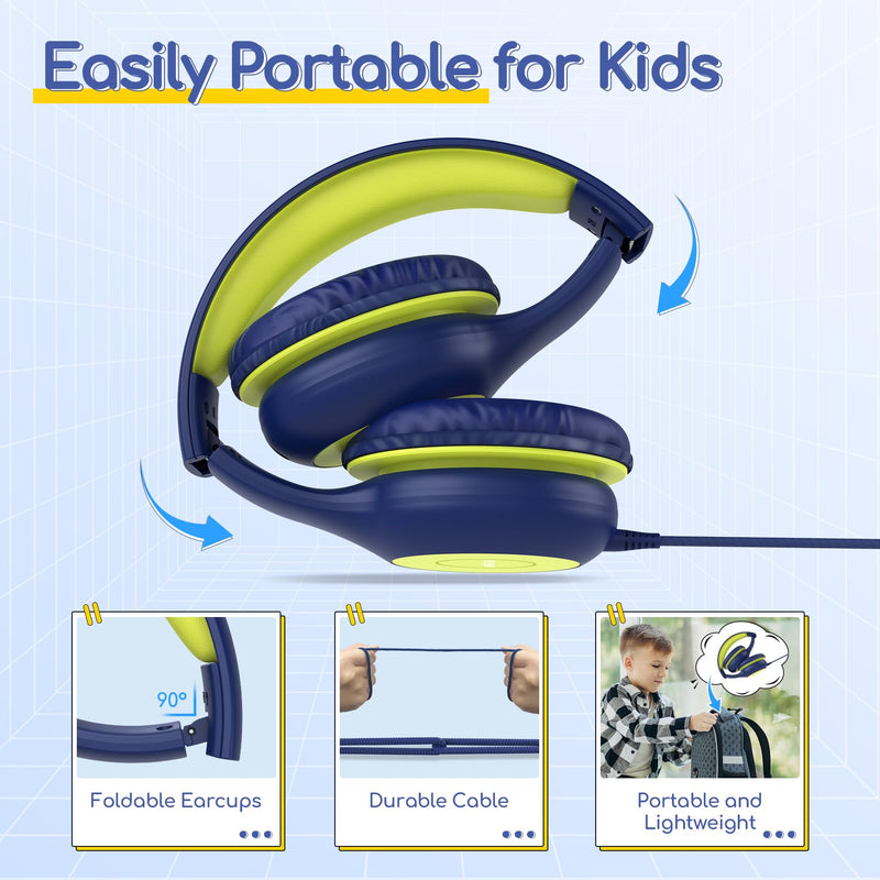 EarFun Kids Headphones Wired with Microphone, 85/94dB Volume Limit Headphones for Kids, Portable Wired Headphone with Shareport, Stereo Sound Foldable Headset for School/Tablet/iPad, Blue Lemon Plug 3.5mm