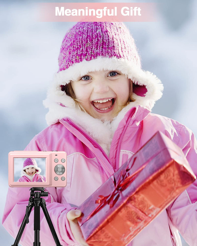 Lecran Digital Camera, FHD 1080P Kids Camera with 32GB Card, 2 Batteries, Lanyard, 16X Zoom Anti Shake, 44MP Compact Portable Small Point Shoot Camera Gift for Kid Student Children Teen Girl Boy(Pink) Pink