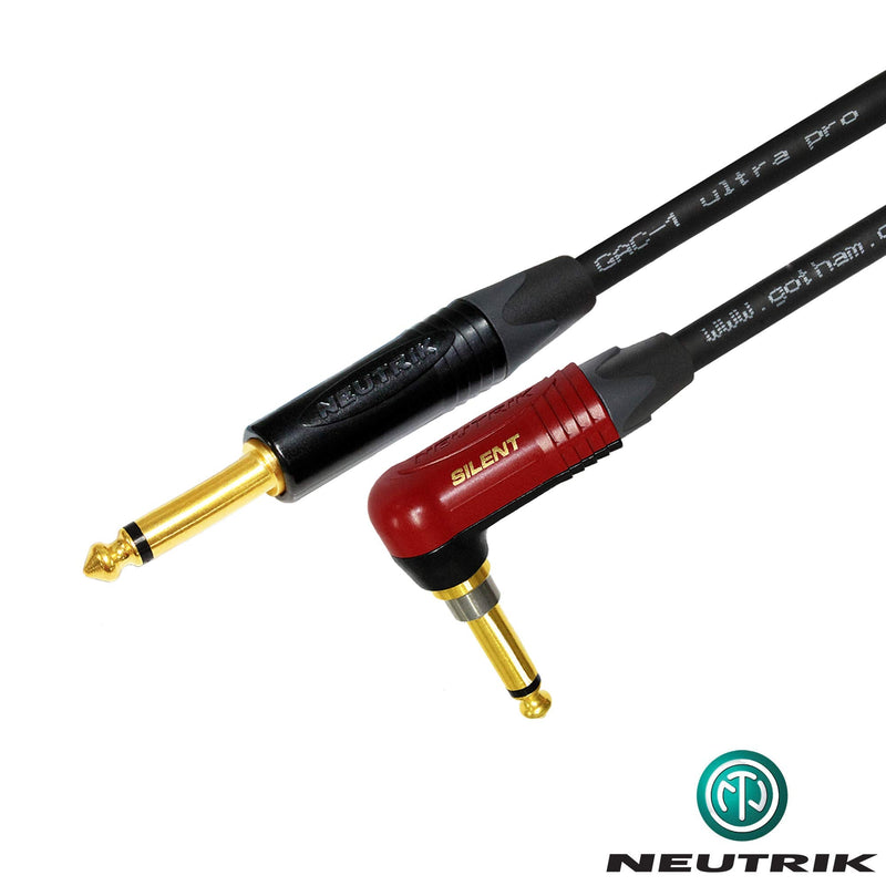 WORLDS BEST CABLES 50 Foot - Gotham GAC-1 Ultra Pro - Premium Low-Cap (21 pf/F) Guitar Bass Instrument Cable w/Neutrik Gold Straight to Angled (Silent Plug) ¼ inch (6.35mm) TS Plugs - Custom Made