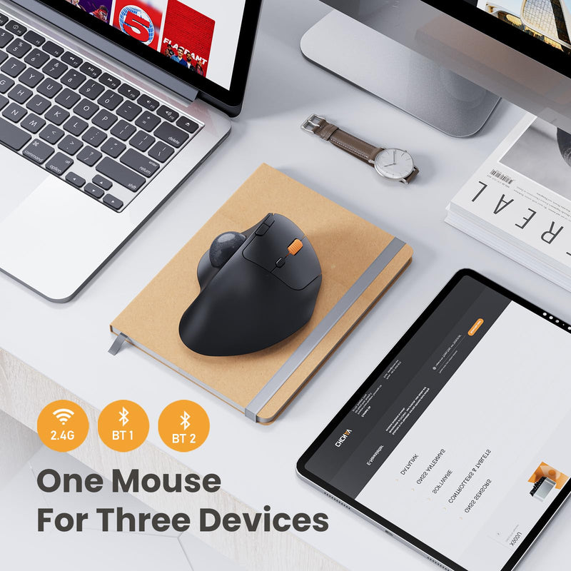 ProtoArc EM04 Wireless Trackball Mouse, Bluetooth Trackball Mouse | Thumb-control design reduces wrist fatigue, connect 3 devices via Bluetooth/2.4G USB-A, 500mAh rechargeable battery Gray