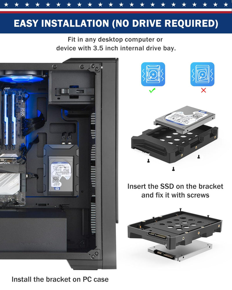 4 Pack SSD HDD Holder Mounting Bracket Hard Drive Adapter 2.5'' to 3.5'' SSD Bracket Converter Internal Hard Disk Drive Caddy Case Tray for 2.5 HDD with SATA III Interface Hot Swap Plug 4 Pack