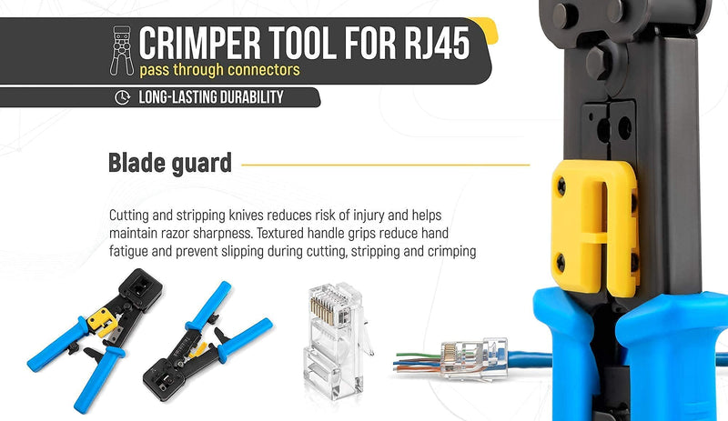 Bundle – 2 items: RJ45 Crimp Tool + 200 Pack of Cat6 Pass Through Connectors.