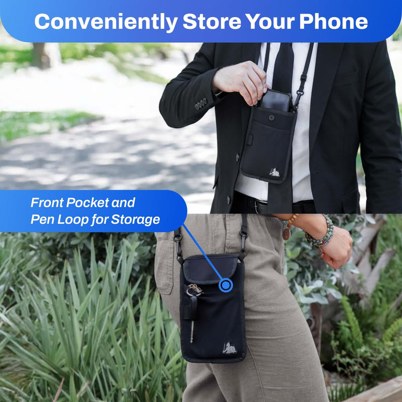 DefenderShield EMF Cell Phone Pouch with Extra Pocket (Black) | Lightweight Crossbody Pouch Case for Phones – EMF Shield for Cell Phone Wireless Signals Reduction