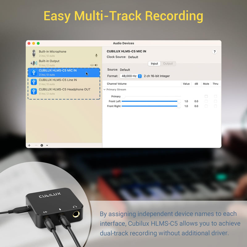 Cubilux HLMS-C5 USB to 6.35mm Audio Audio Adapter for Recording, Podcasting Live Streaming, USB A to 1/4-Inch AUX HUB with Mono Microphone Input, Stereo Line-In and Headphone Out
