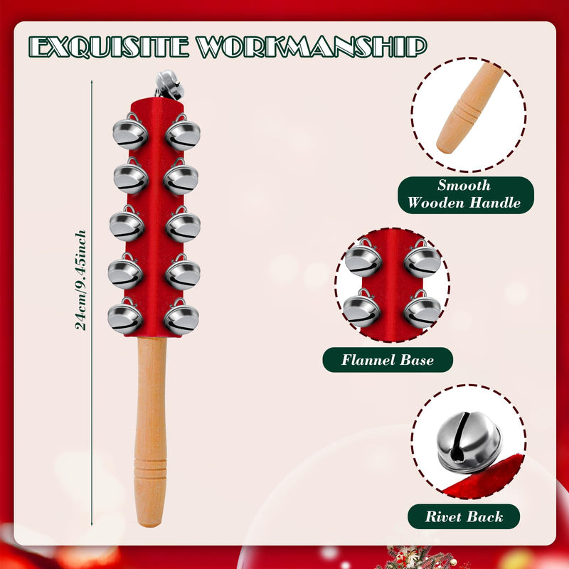 4 Pcs Christmas Sleigh Bells Wooden Handle Jingle Bells Instrument Musical Hand Bell Shaker Rattle Musical Percussion Instrument for Xmas Holiday Party (Red) Red
