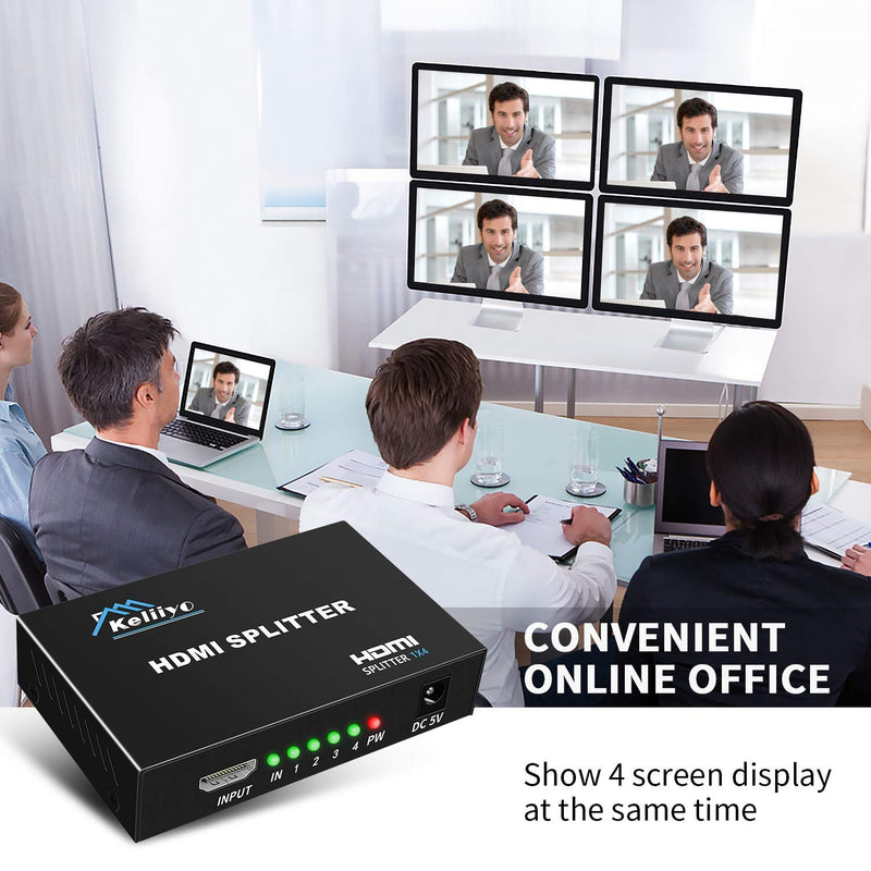 HDMI Splitter 1 in 4 Out V1.4b Powered HDMI Video Splitter with AC Adaptor Duplicate/Mirror Screen Monitor Supports Ultra HD 1080P 2K x4K@30Hz and 3D Resolutions (1 Input to 4 Outputs)