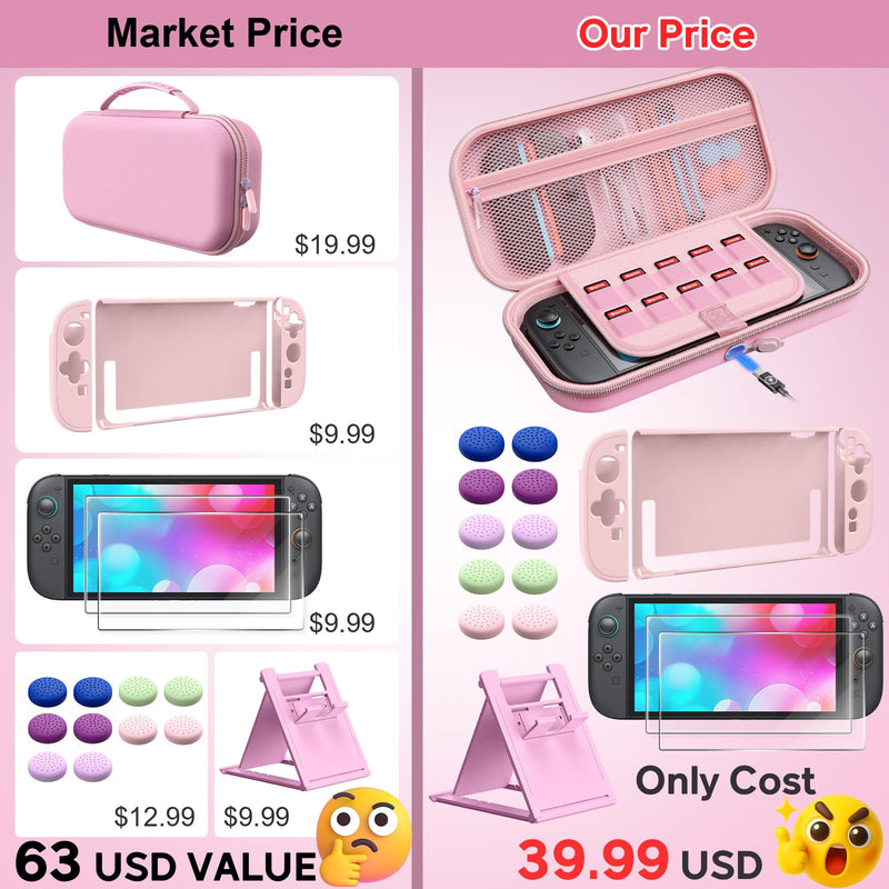 Switch 2 Accessories, Case Bundle for Nintendo Switch 2 Console | FYOUNG 16 IN 1 Kit:Carrying Case,Protective Shell, Screen Proetctor, Grip for Joycon- Pink Switch 2 7.9 Inch