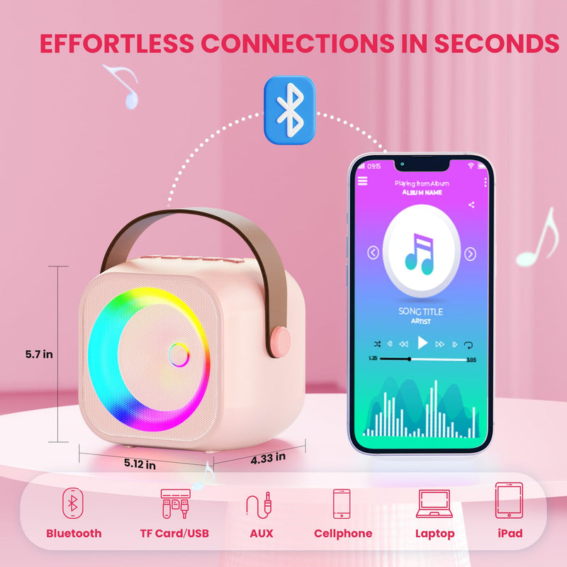 Karaoke Machine for Kids Adults, Mini Portable Bluetooth Karaoke Speaker with 2 Wireless Microphone and Lights, Birthday Gifts for Girls Ages 4, 5, 6, 7, 8, 9, 10, 12+ Family Home Party 2 Mics Pinkcolor