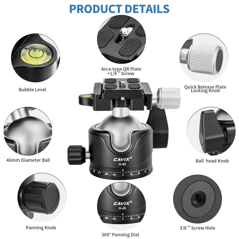 CAVIX Tripod Ball Head with 1/4" Arca Swiss Quick Release Plate Aluminium Tripod Ball Head Mount Large Ball HB46A