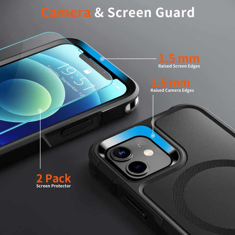 SUPFINE Magnetic for iPhone 12 Case/iPhone 12 Pro Case, [Compatible with MagSafe] [10 FT Military Grade Drop Protection] 2X [Tempered Glass Screen Protector] Phone Case for iPhone 12/12 Pro, Black