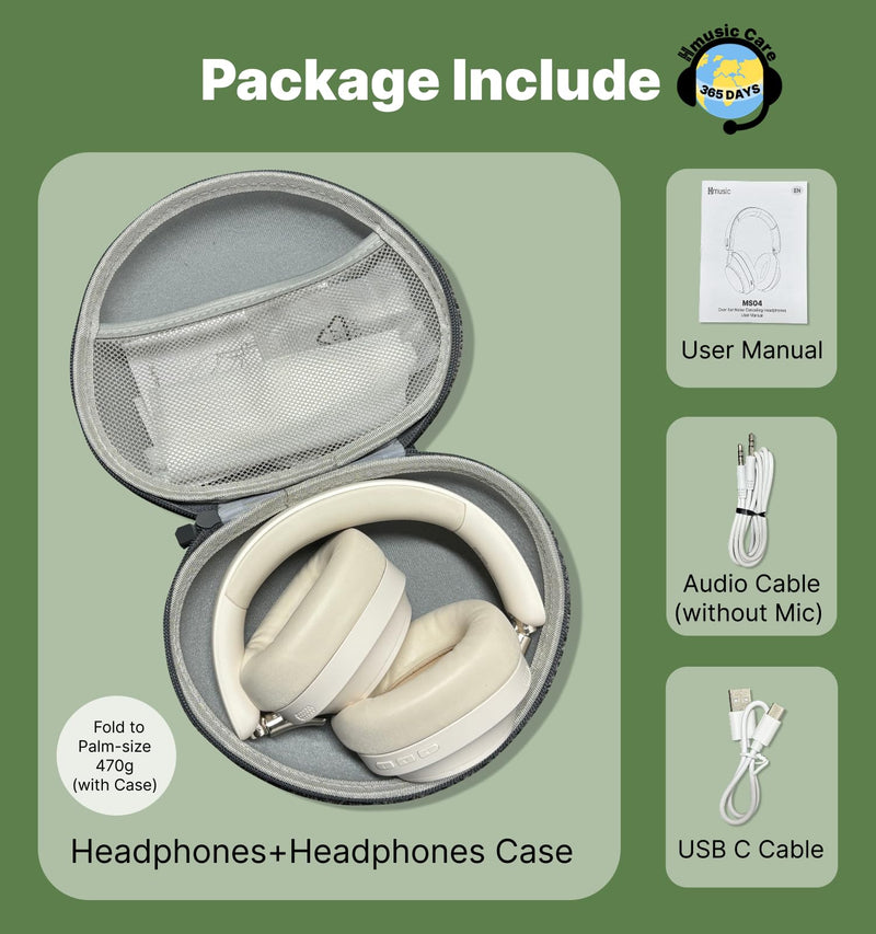 Hmusic MS04 Bluetooth Headphones Active Noise Cancelling Over Ear Headphone | 4-Mic Hybrid -40dB ANC Bluetooth Headset, 2-ENC Mic, 80H Playtime, 3.5mm Aux Cable|Travel Case|Foldable Wireless Headphones