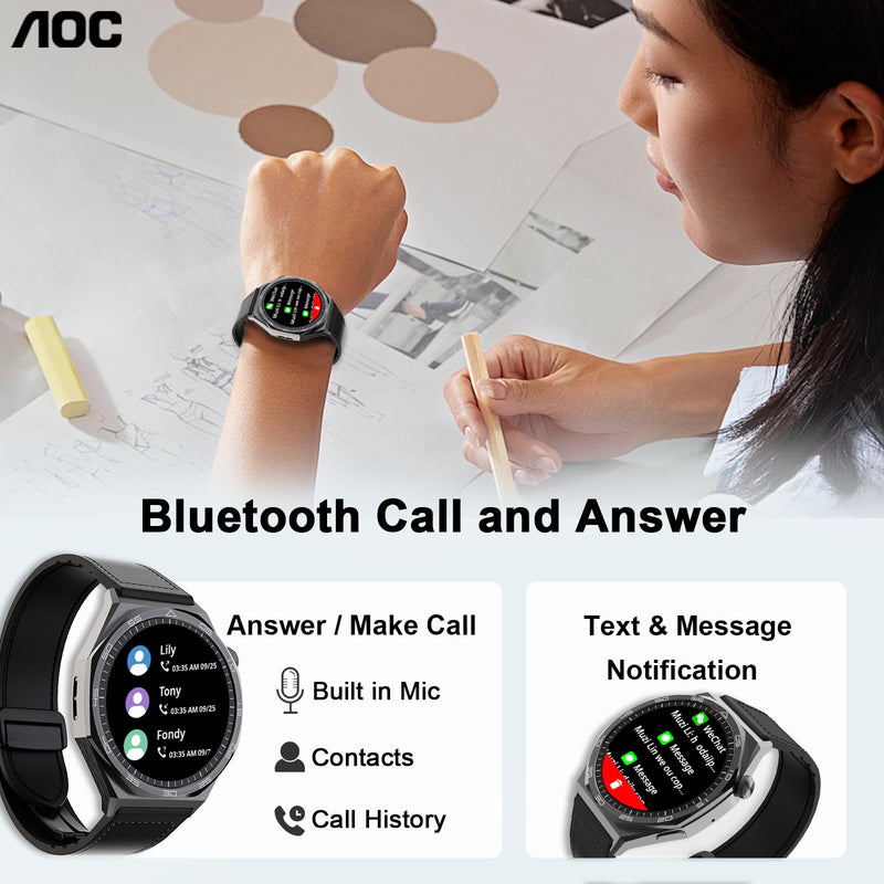 AOC Smartwatch Fitness Sports Watch 1.43 AMOLED HD Touchscreen, AI GPT, Bluetooth Call, Voice Assistant‌, Heart Rate & Sleep Tracking Monitoring, IP67 Waterproof for Men & Women Black