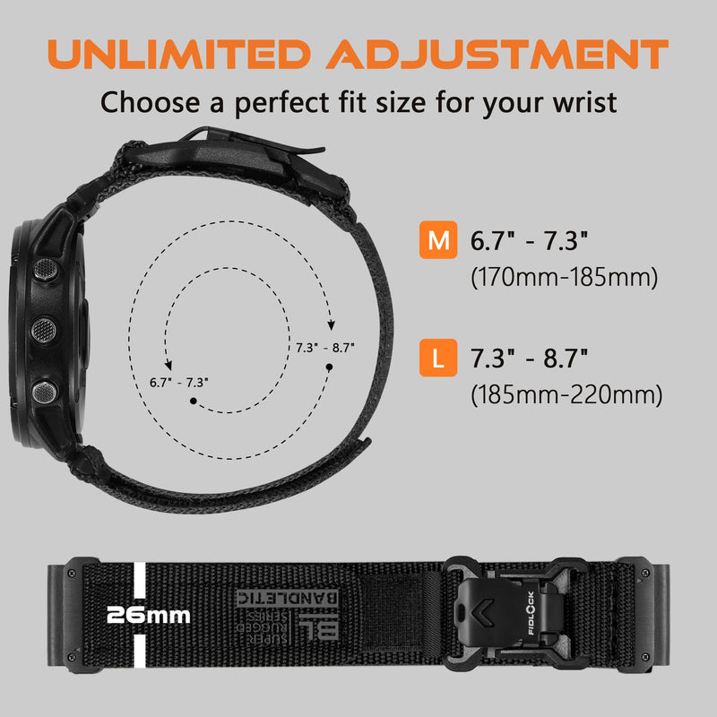Bandletic 26mm Quick Fit Compatible with Garmin Fenix 8 7X 6X 5X Watch Band | Rugged Nylon Strap with Magnetic Fidlock V-Buckle, For Fenix 8 51mm/7X 6X Pro/5X Plus/3 HR/Tactix/Epix Pro2 51mm/Instinct 2X Black Large (7.3"-8.7")
