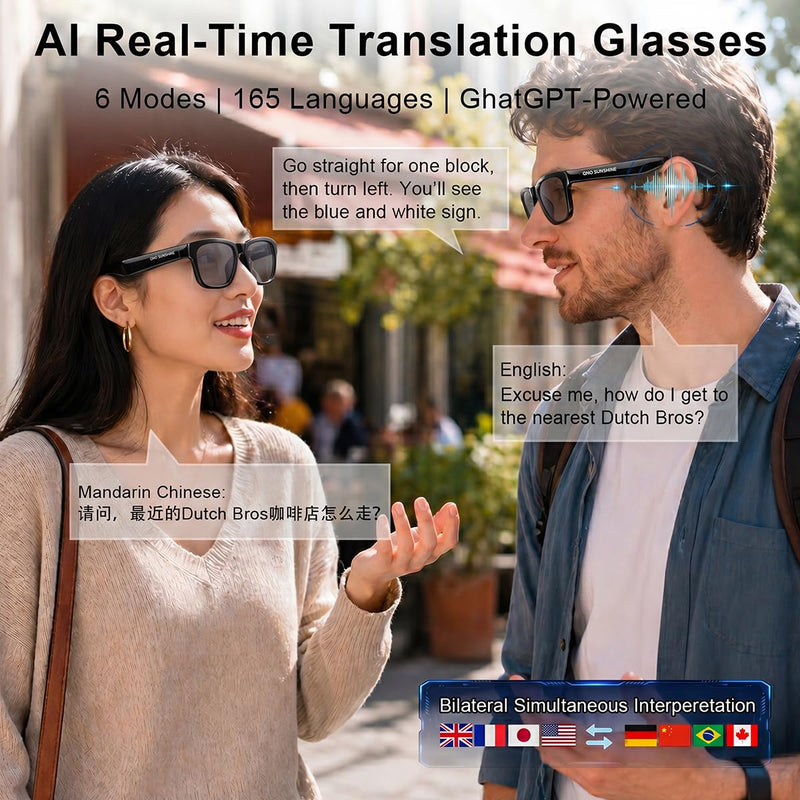 OhO sunshsine AI Glasses, Bluetooth Audio Sunglasses with 10H Playtime, ChatGPT Translation & Water Resistant Open Ear Glasses Black