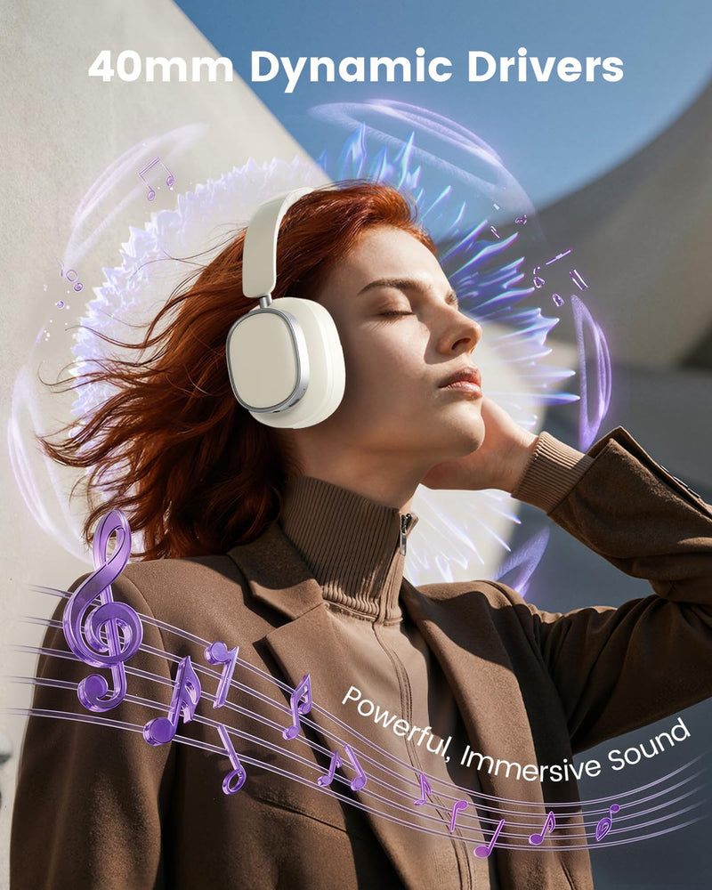 Active Noise Cancelling Headphones,78H Wireless Bluetooth Headphones | Over-Ear Headset,Bluetooth 6.0,Hi-Res,Low Latency,Foldable,Built-in Microphone,Ideal for Travel,Home,Office,Cellphone,PC Wheat White