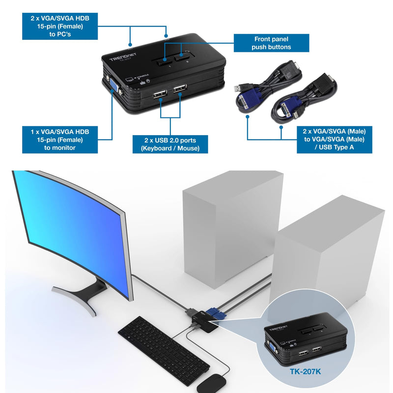 TRENDnet 2-Port USB KVM Switch, TK-207K | Control Two Computers with One Set of Console Controls,2048 x 1536 Resolution,60Hz Refresh Rate,All Required Cabling Included 2 Port USB w/ Cables