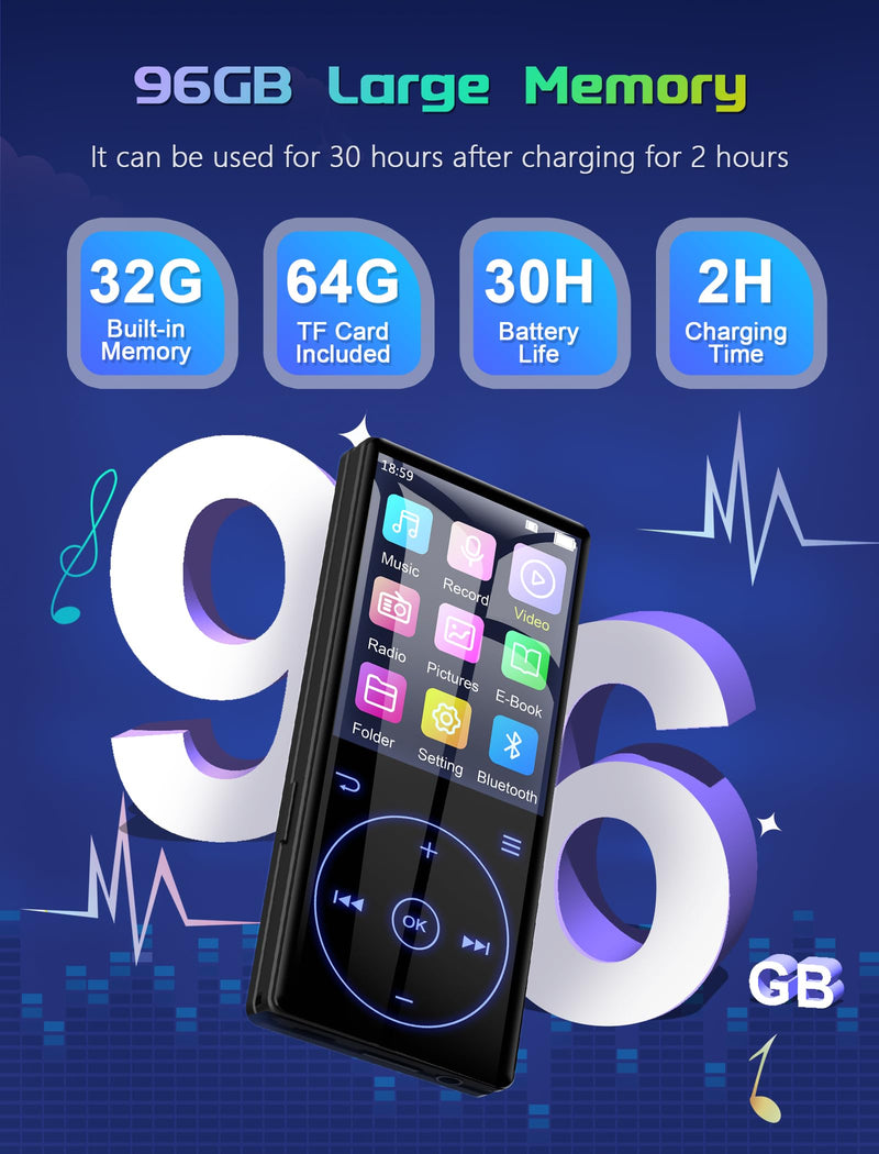 [AUSTRALIA] - 96GB MP3 Player with Bluetooth 5.0: Portable Lossless Sound Music Player with HD Speaker,2.4" Screen Voice Recorder,FM Radio,Touch Buttons,Support up to 64GB for Sport(Earphones&64GB TF Card Included) 