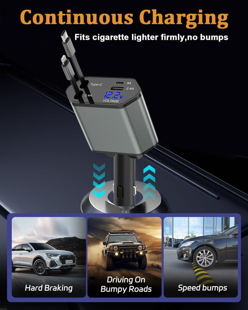 Retractable Car Charger,66W 4 in 1 iPhone 16 15 Car Charger iPhone Adapter | with 2 Retractable iPhone Charger Cables(USB C+Lightning),2 USB Ports(USB C+USB A) for iPhone 17 16 15 14 13 12 11 Pro Max XS USB A & USB C Black